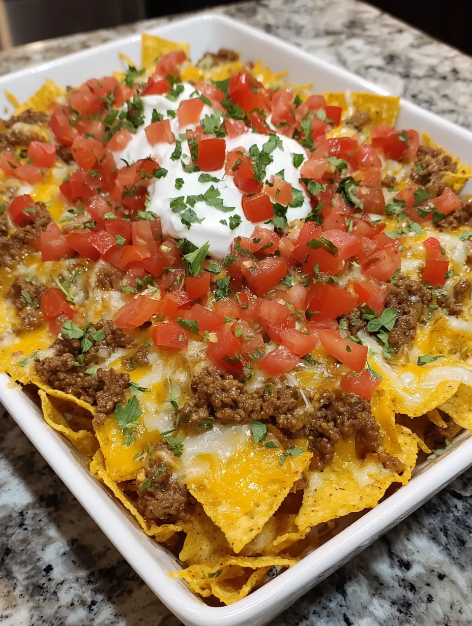 A white plate with a casserole of chips and cheese.