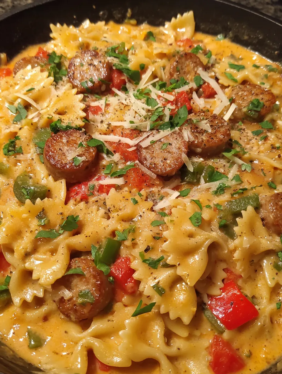 A bowl of pasta with sausage and cheese.