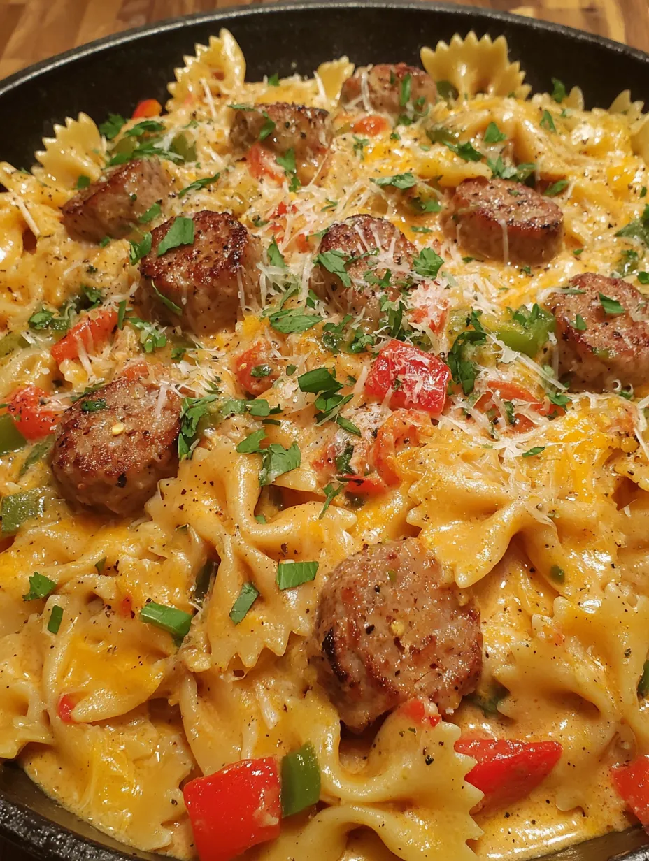 A bowl of cheesy sausage pasta.