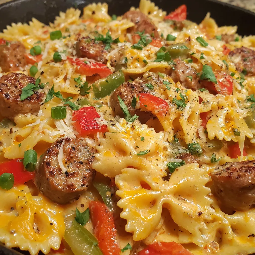 A delicious cheesy sausage bowtie pasta dish.