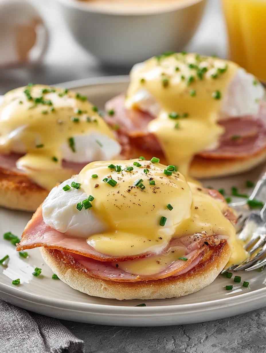 Two eggs benedict with ham and cheese.