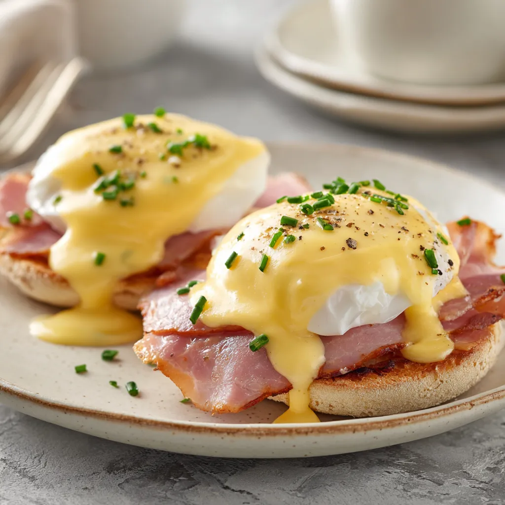 Two eggs benedict on a plate.