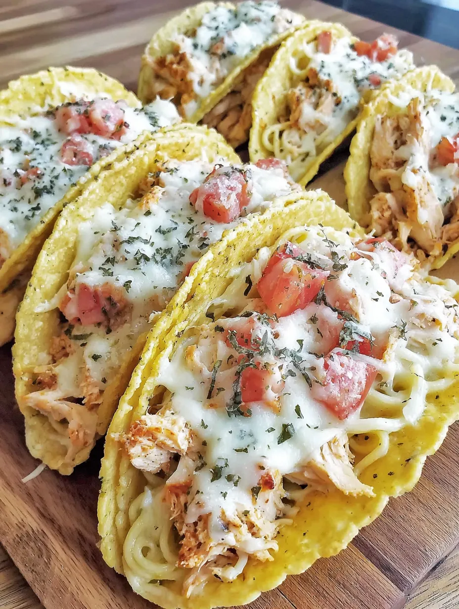 A plate of chicken alfredo tacos.