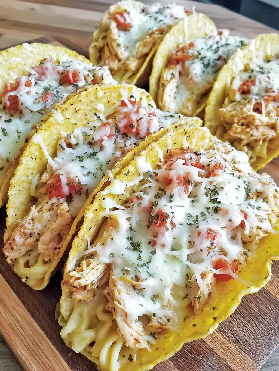 A plate of chicken alfredo tacos.