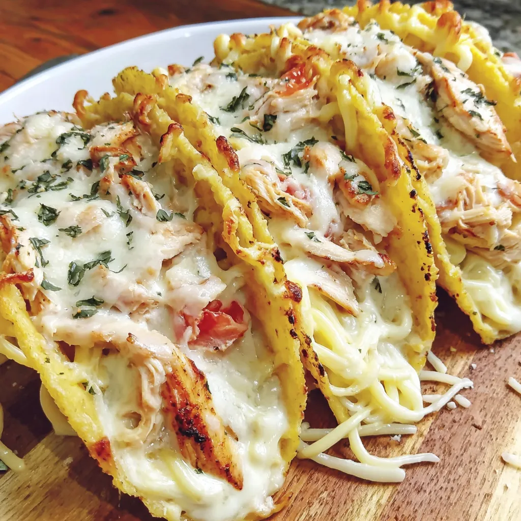 A plate of chicken alfredo tacos.