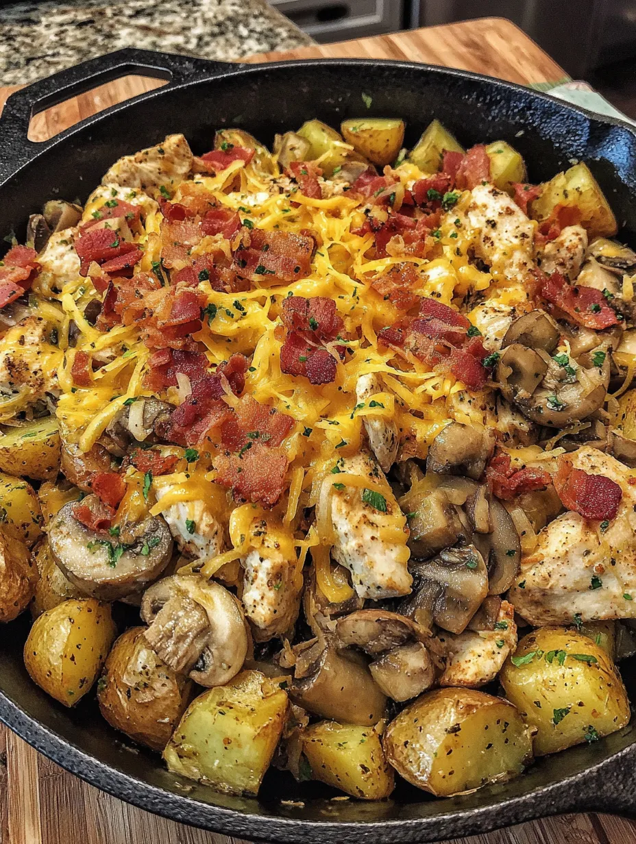 A delicious meal of chicken, potatoes and mushrooms.