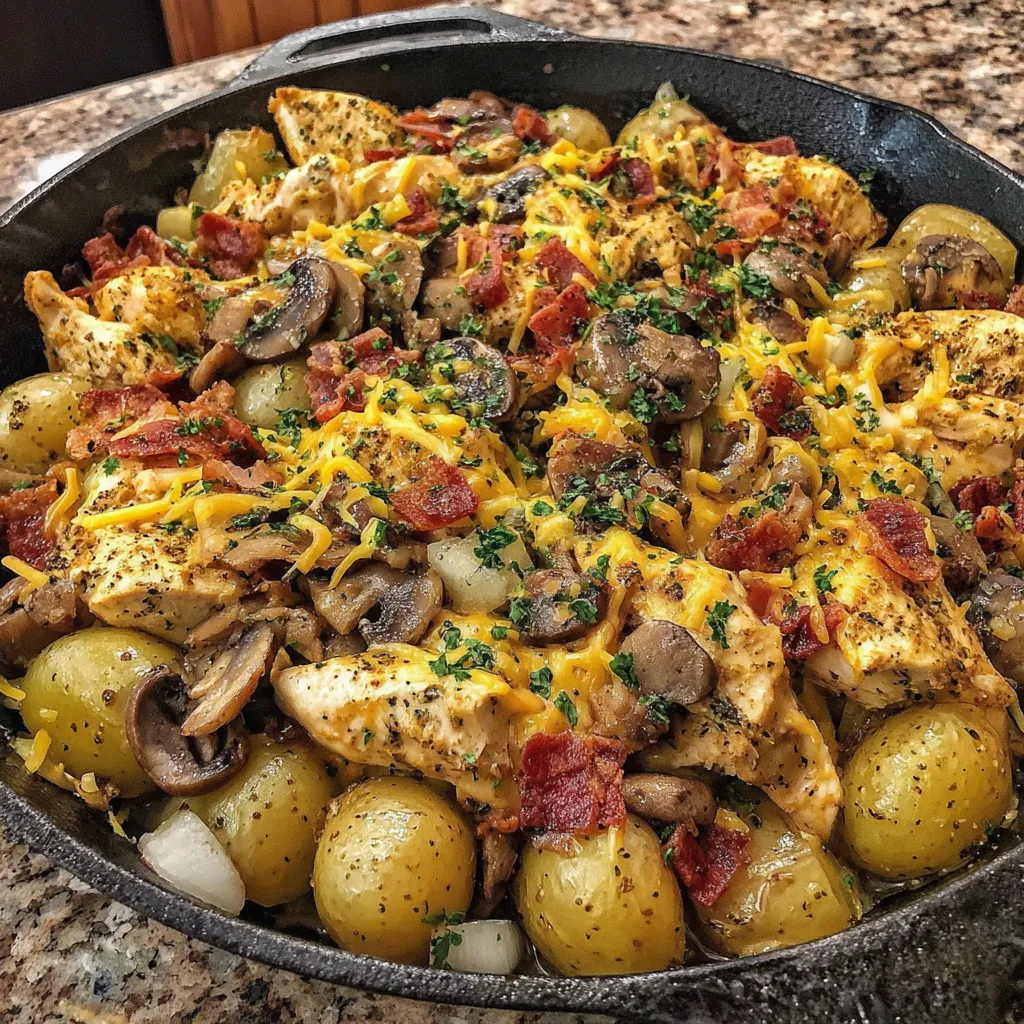 A pan of chicken and potatoes.