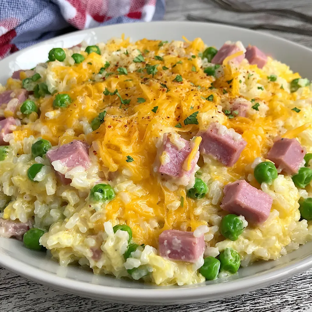 A white plate with a cheesy ham and pea casserole.