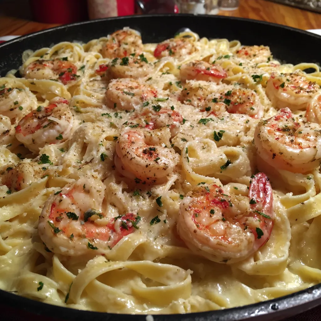 A delicious one pan shrimp fettuccine alfredo.