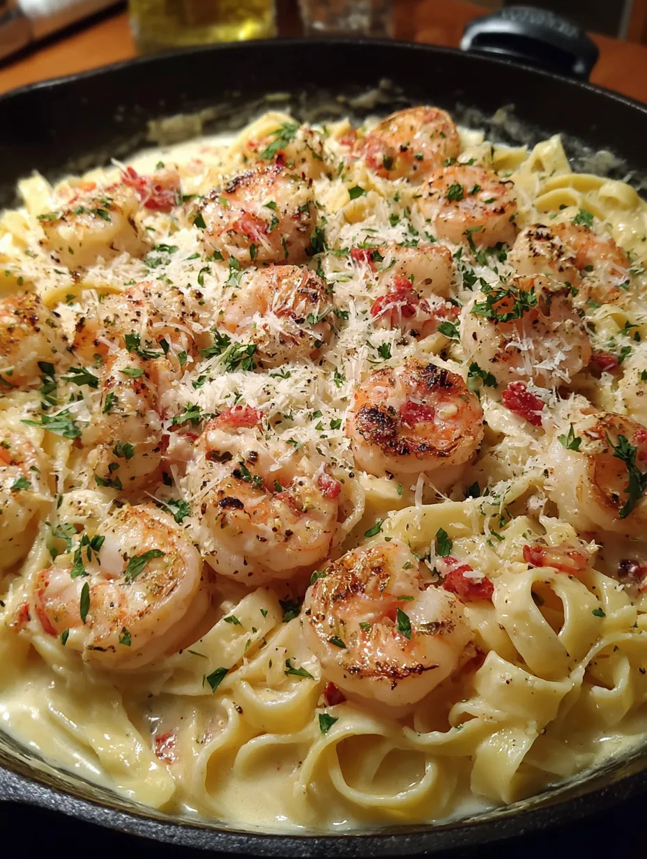 A delicious one pan shrimp fettuccine alfredo.