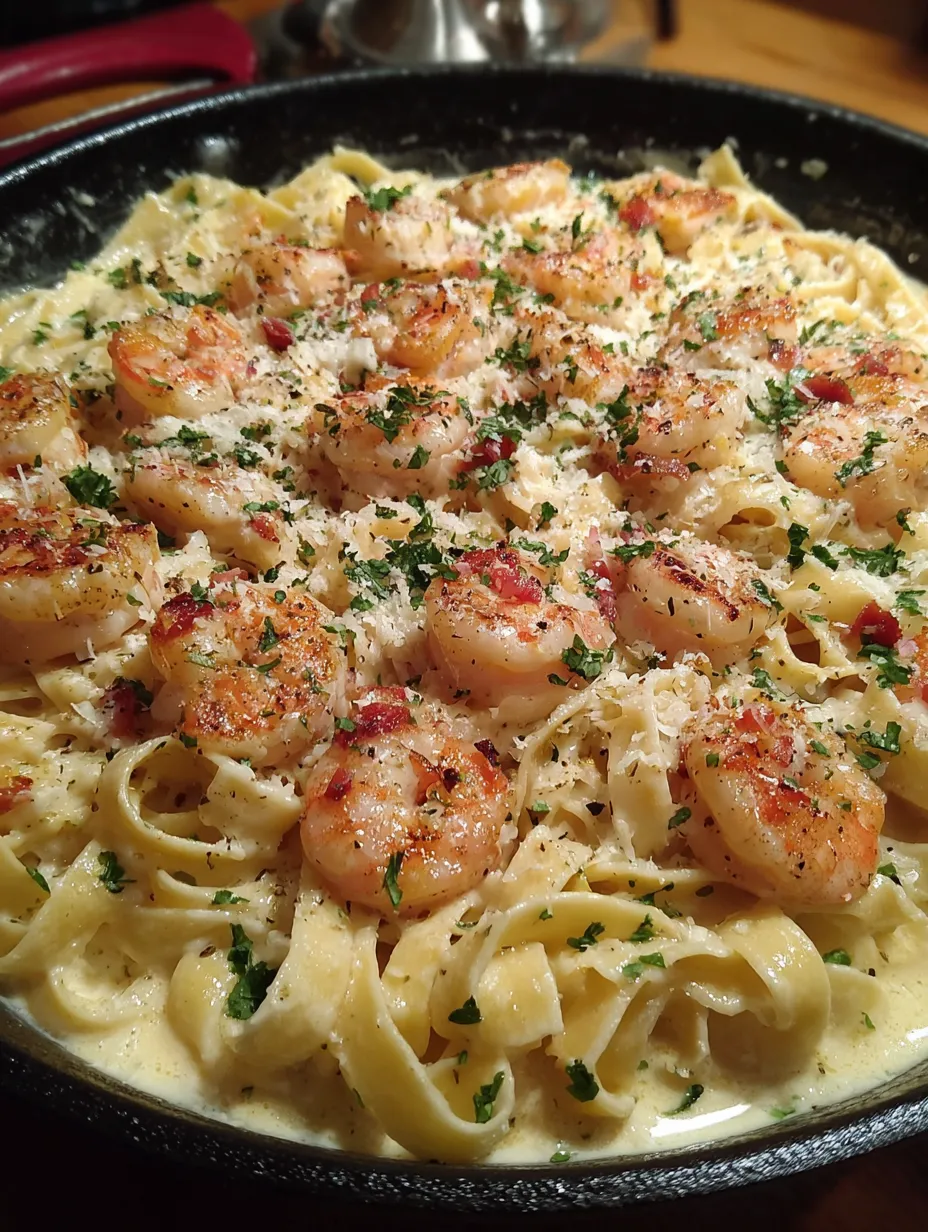 A delicious one pan shrimp fettuccine alfredo.