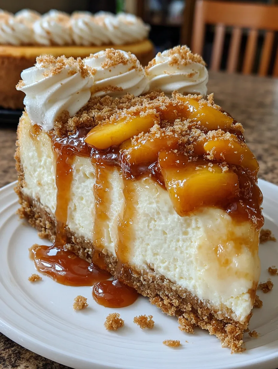 A slice of Peach Cobbler Cheesecake Fusion.