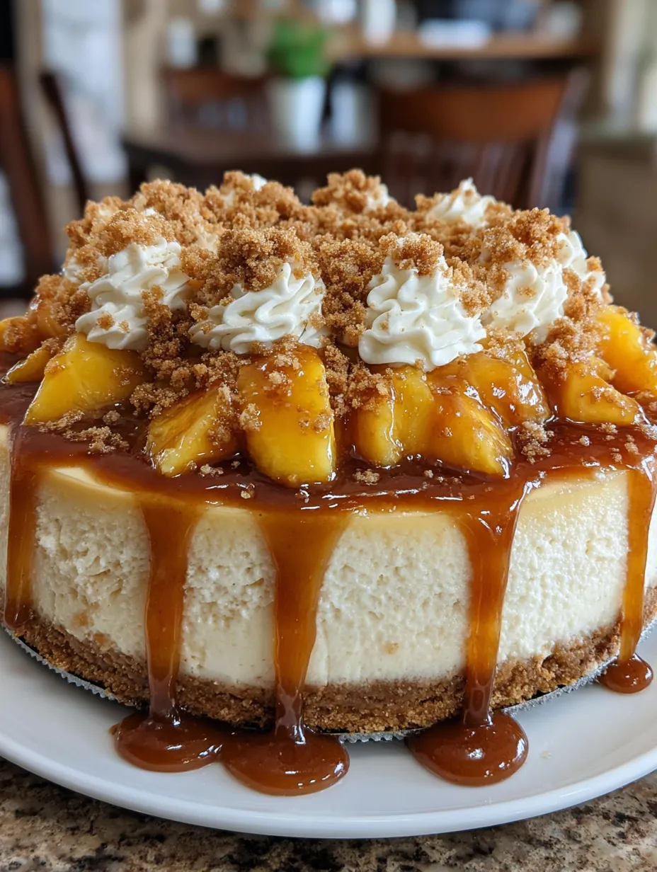 A slice of Peach Cobbler Cheesecake Fusion.