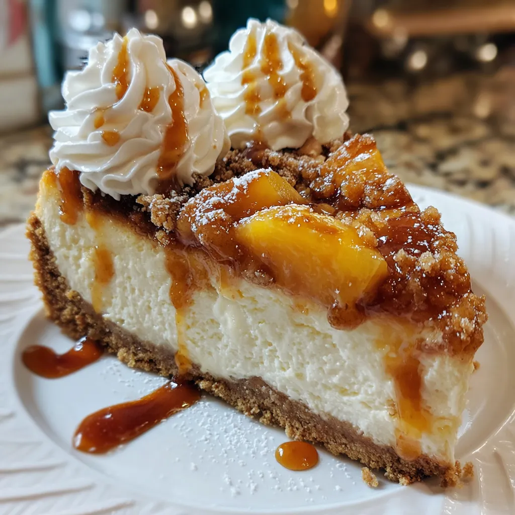 A slice of cheesecake with peaches on top.