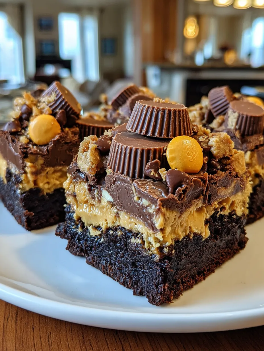 A plate of brownies with peanut butter and Reese's peanut butter cups on top.