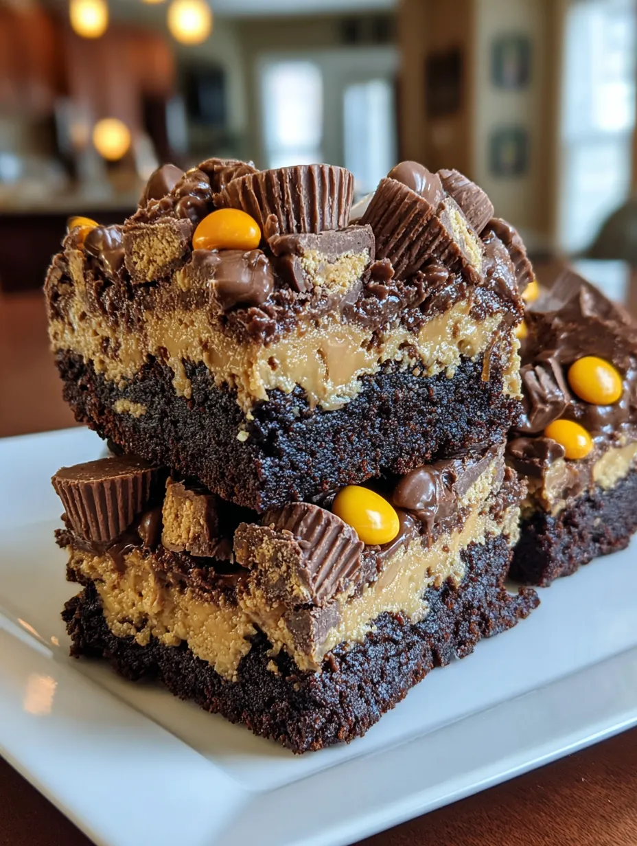 A stack of brownies with peanut butter and Reese's peanut butter cups on top.