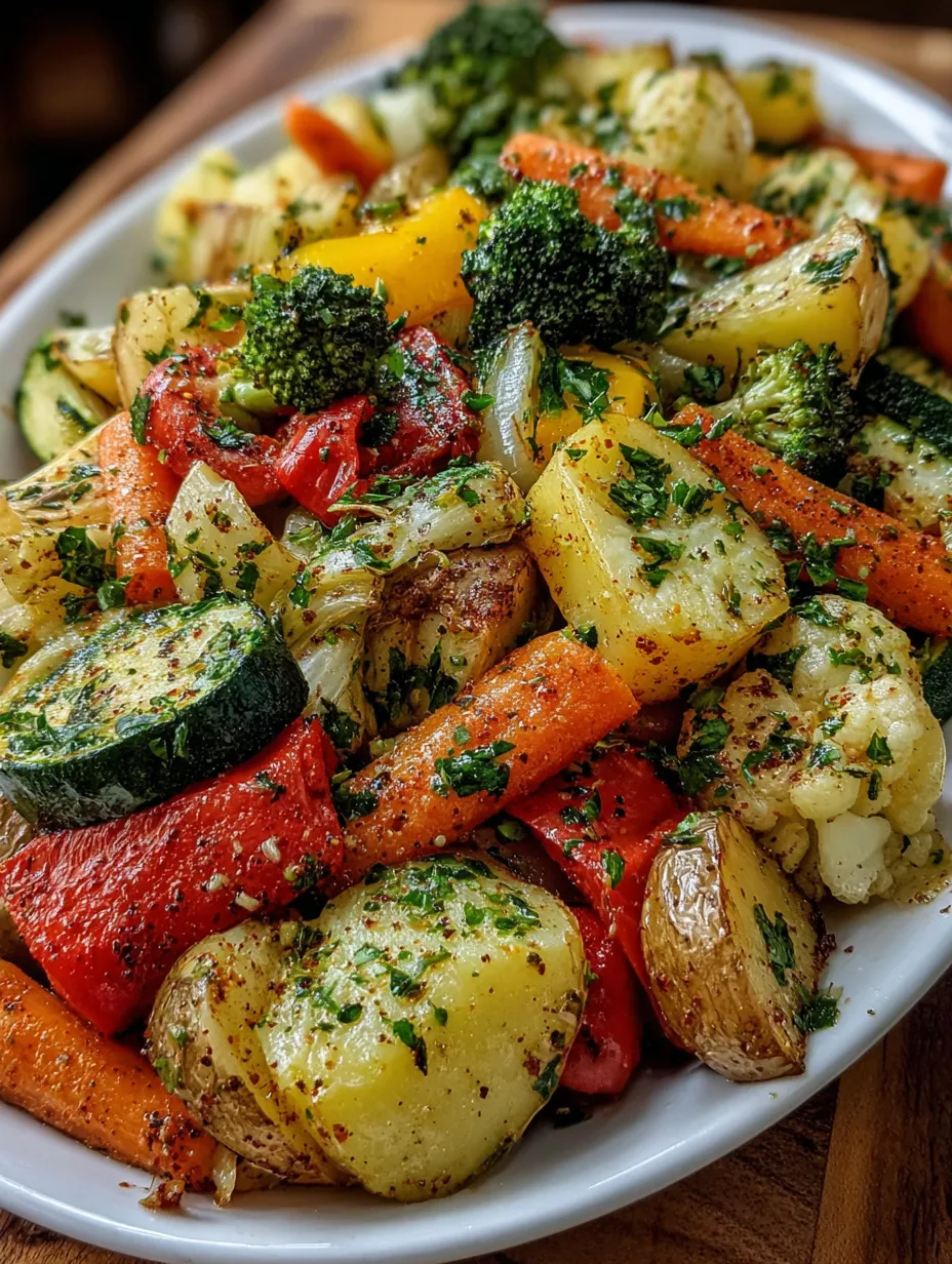 A plate of roasted vegetables with a variety of colors and textures.