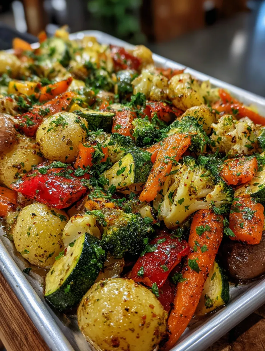A dish of roasted vegetables with a variety of colors and textures.