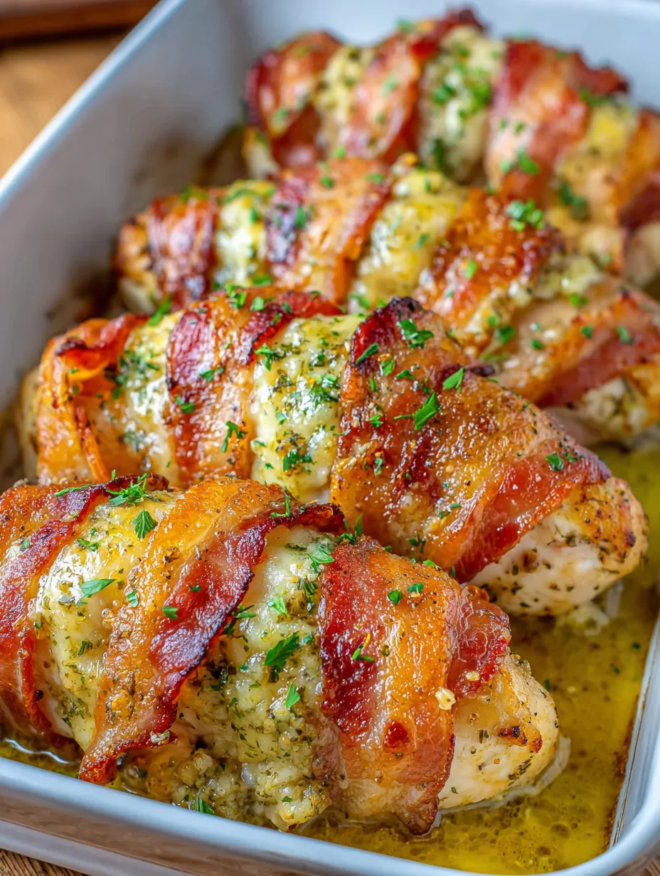 Bacon Wrapped Garlic Parmesan Chicken.