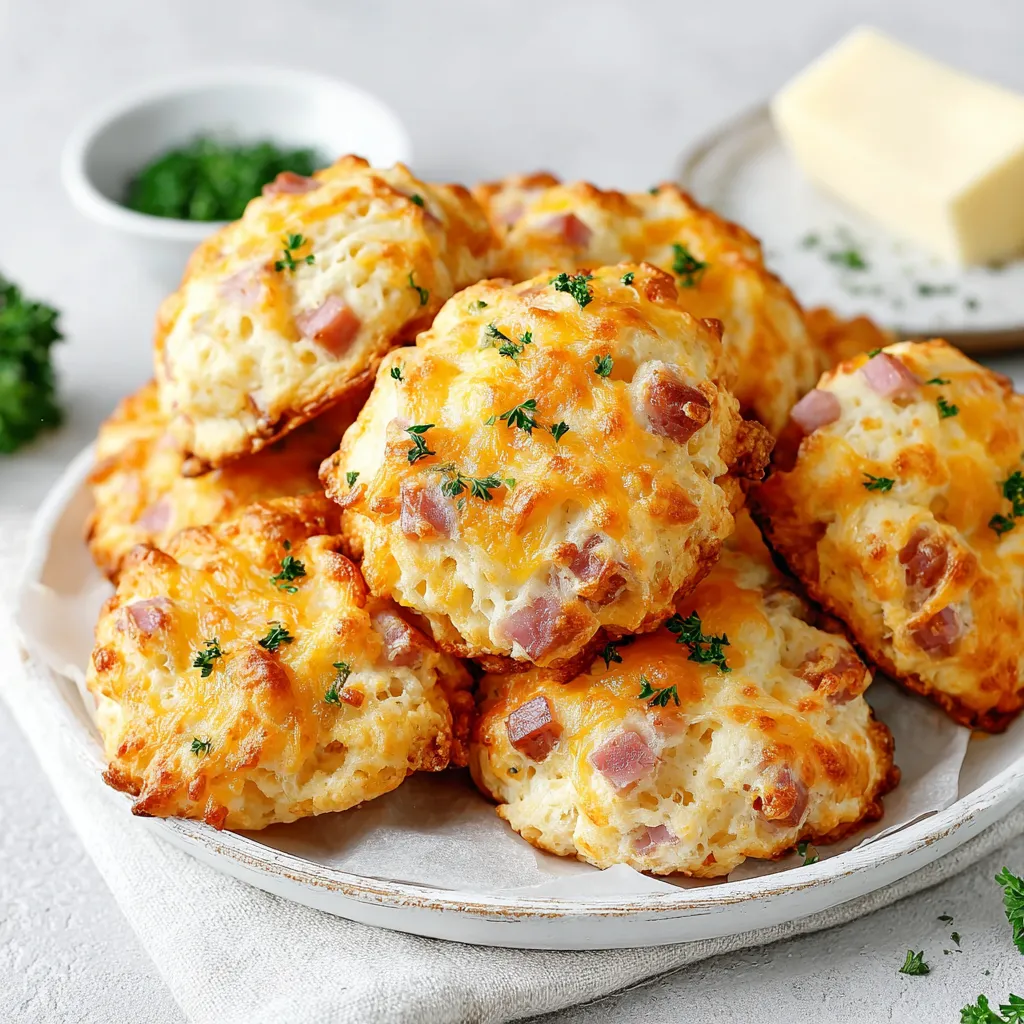 A plate of ham and cheese biscuits.