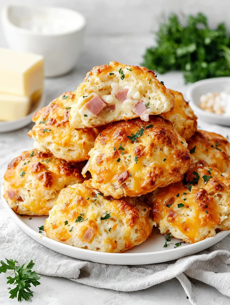 A stack of ham and cheese biscuits.
