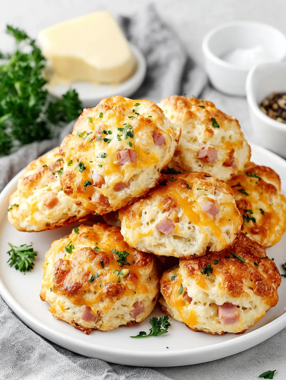 A plate of ham and cheese biscuits.