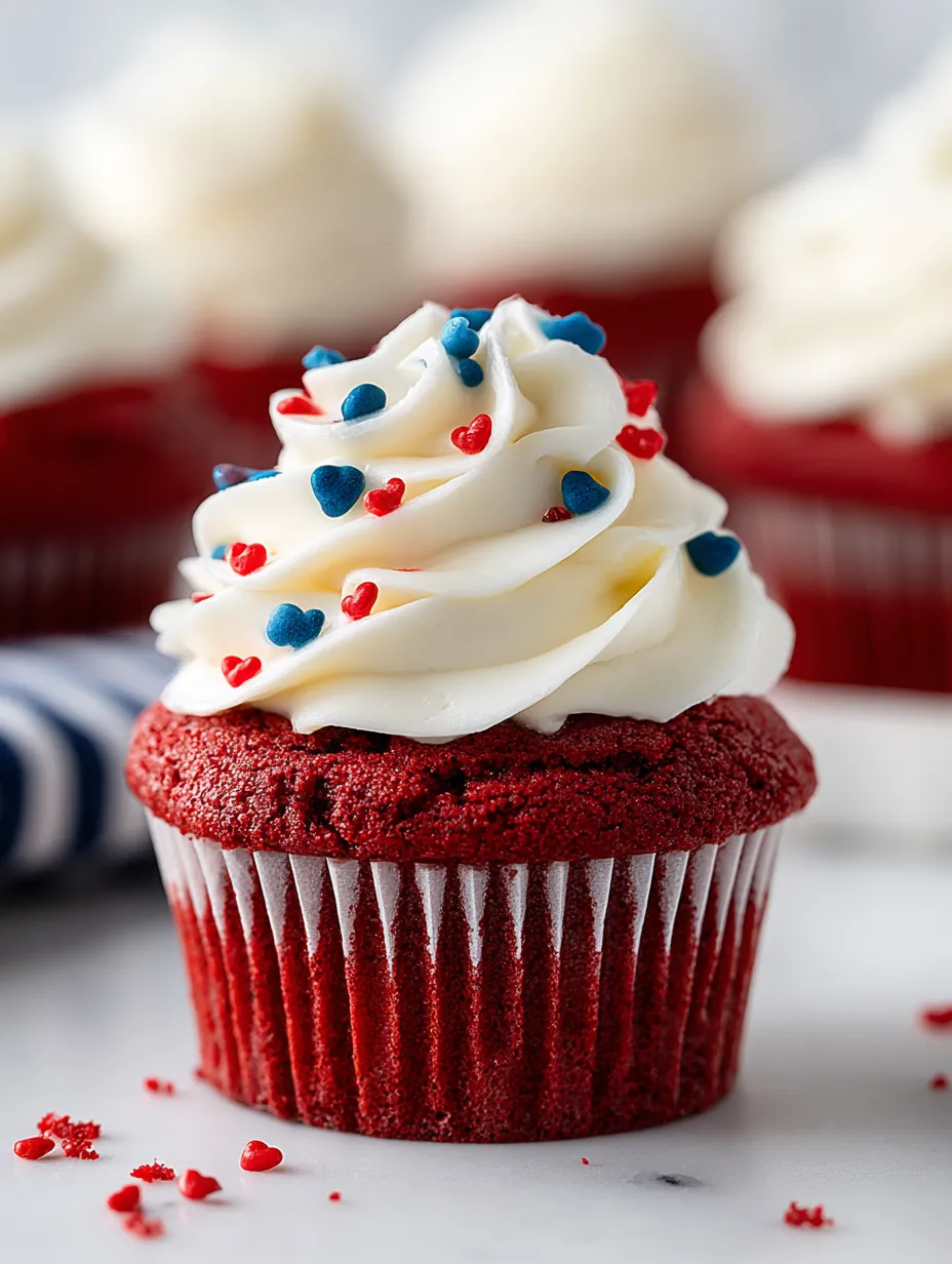 Red velvet cupcakes with cream cheese frosting.