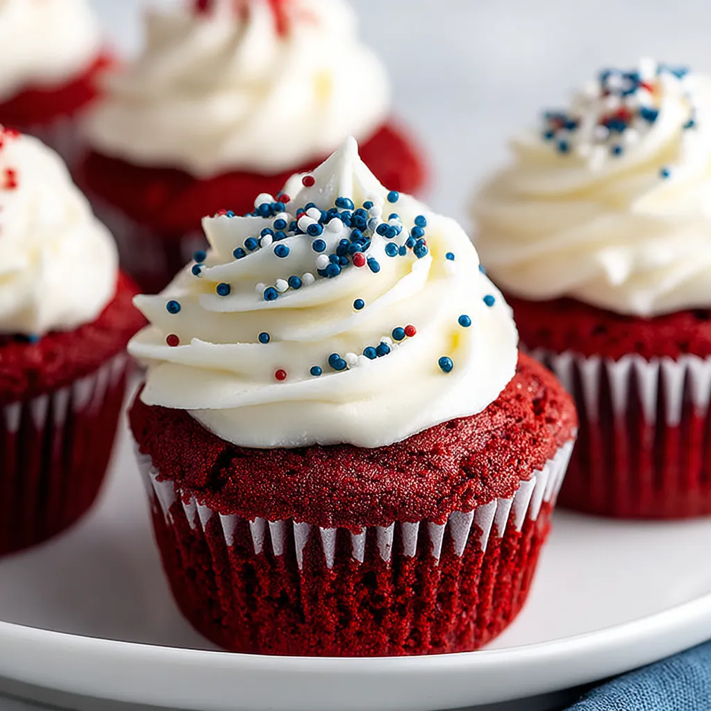 Red velvet cupcakes with cream cheese frosting.