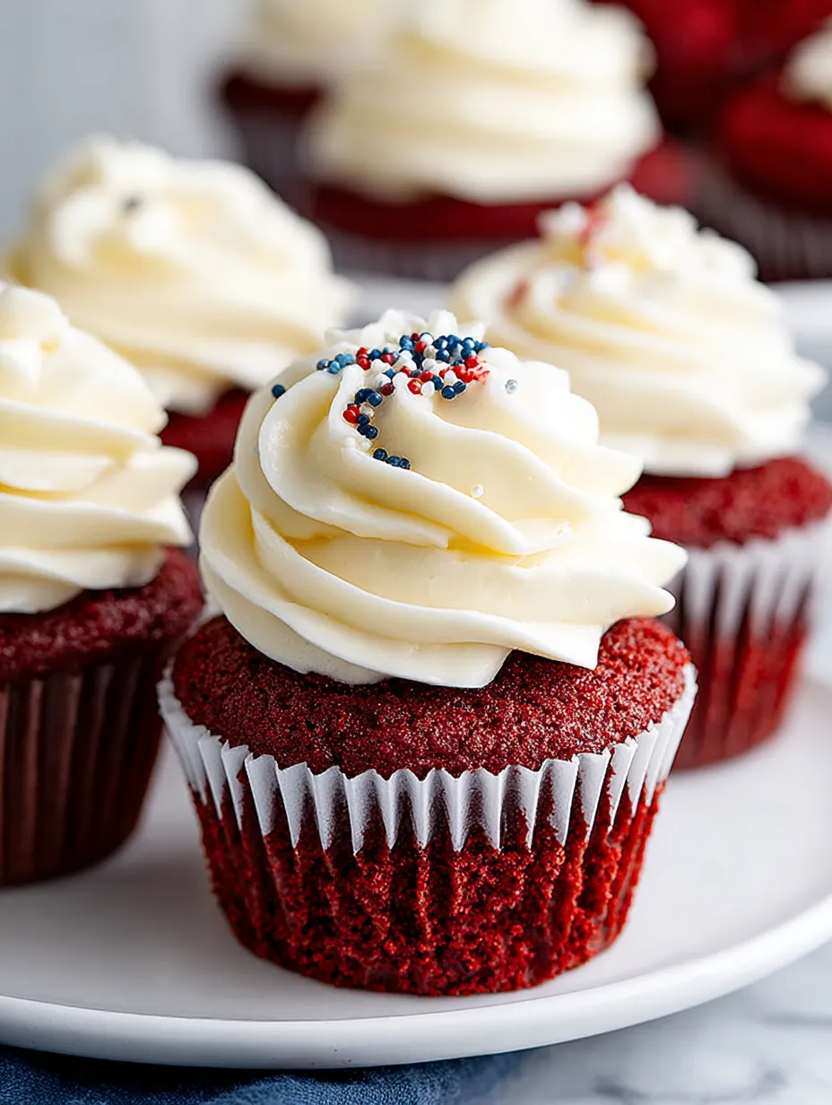 Red velvet cupcakes with cream cheese frosting.
