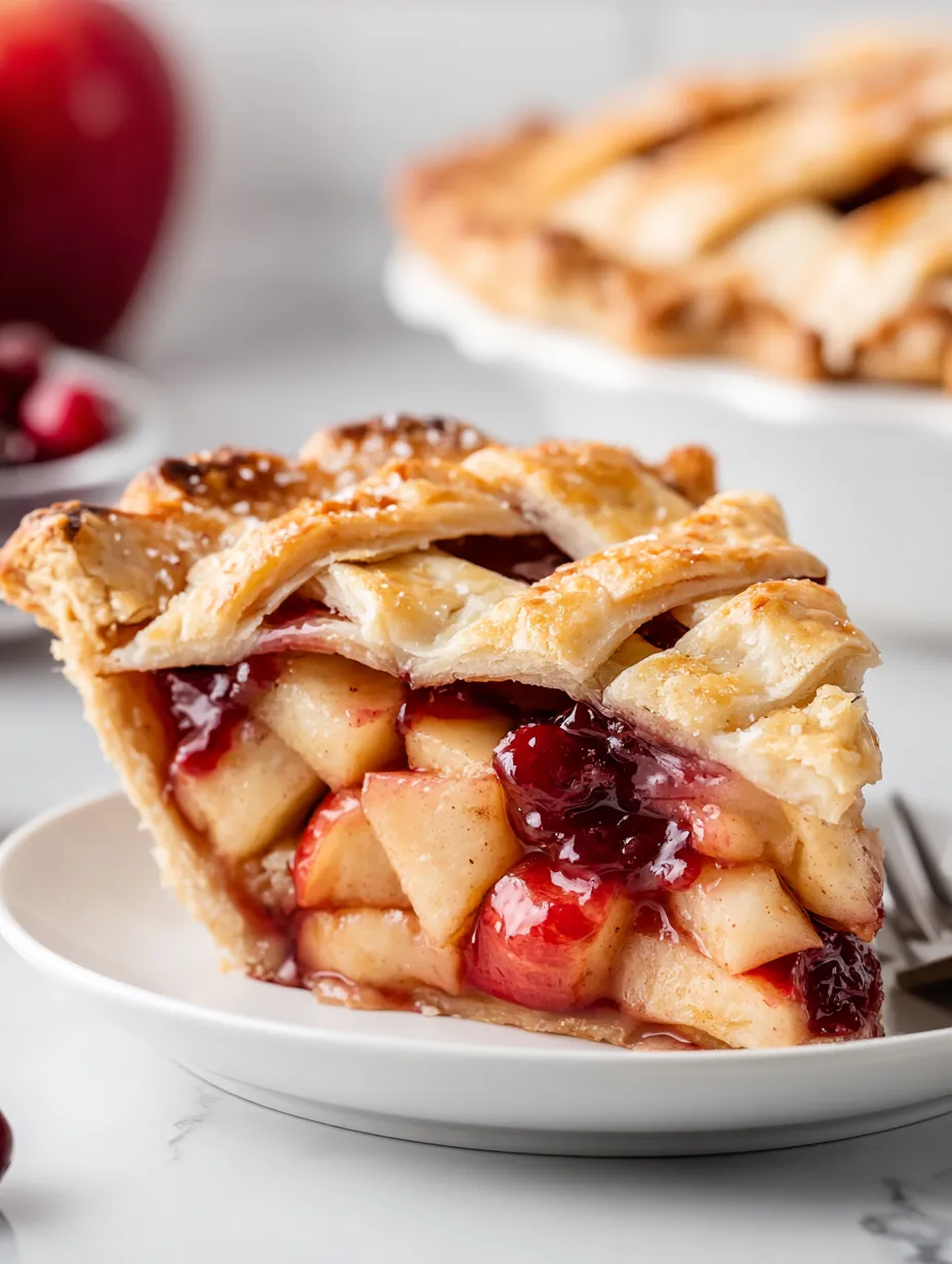A slice of apple cranberry pie.
