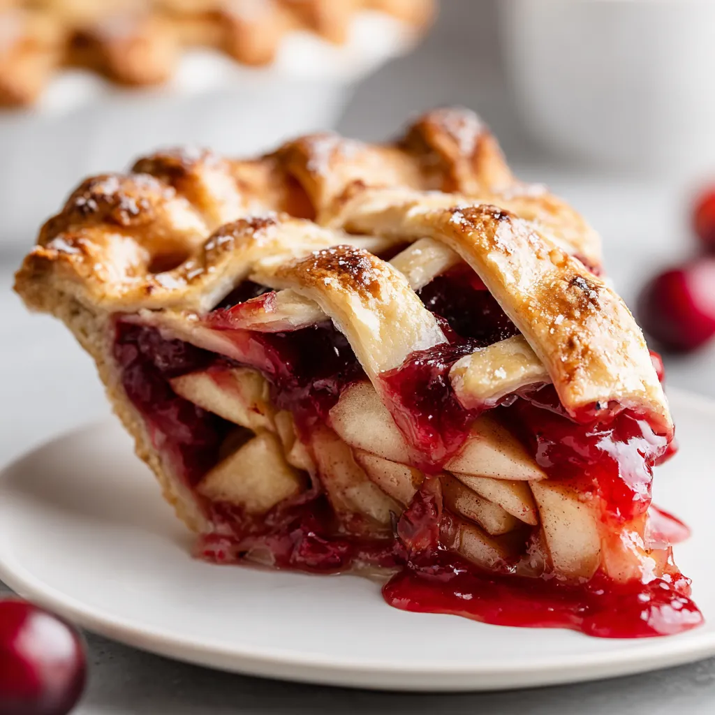 A slice of apple cranberry pie on a plate.