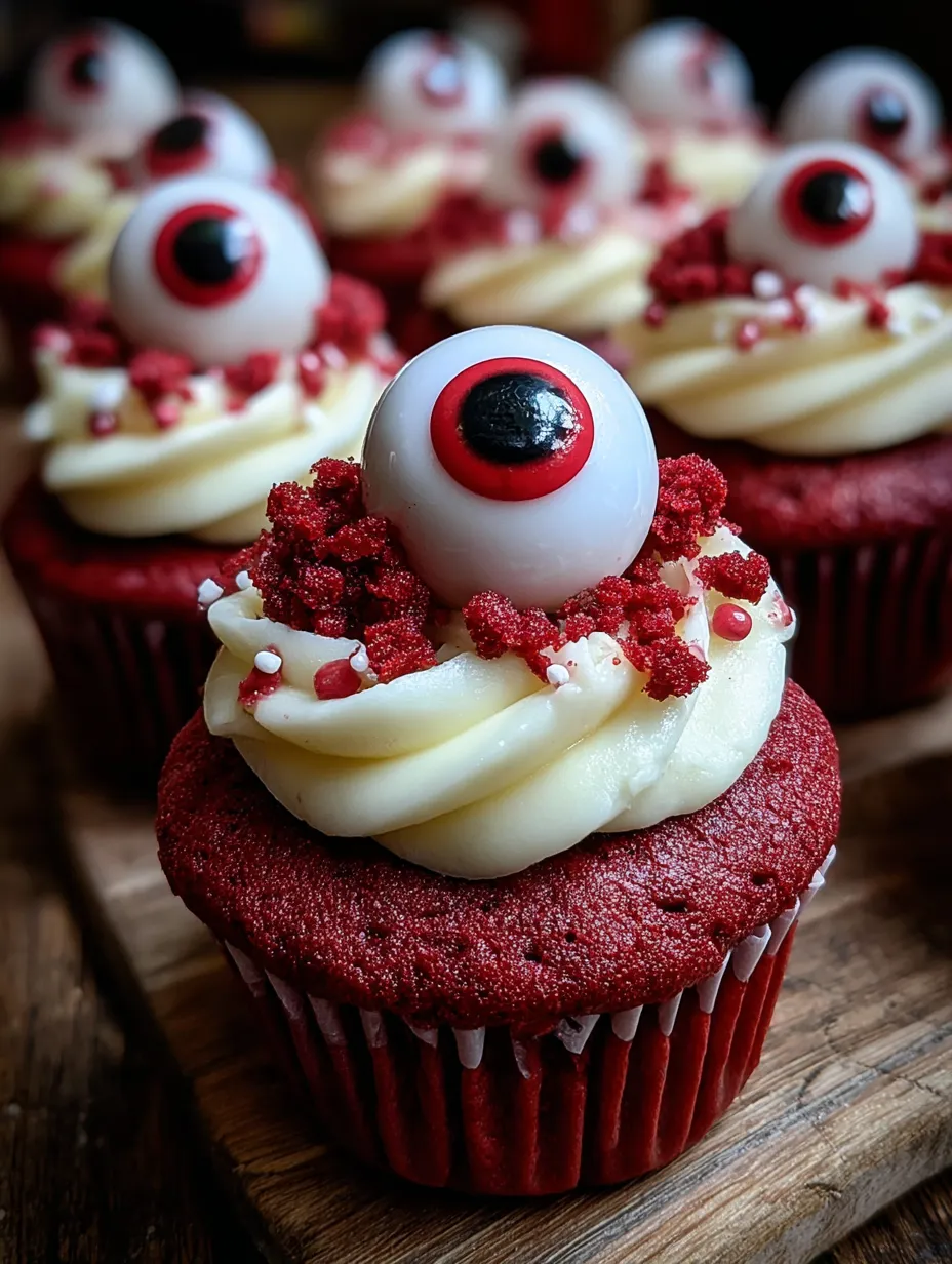 Red velvet cupcake with a white frosting eyeball on top.