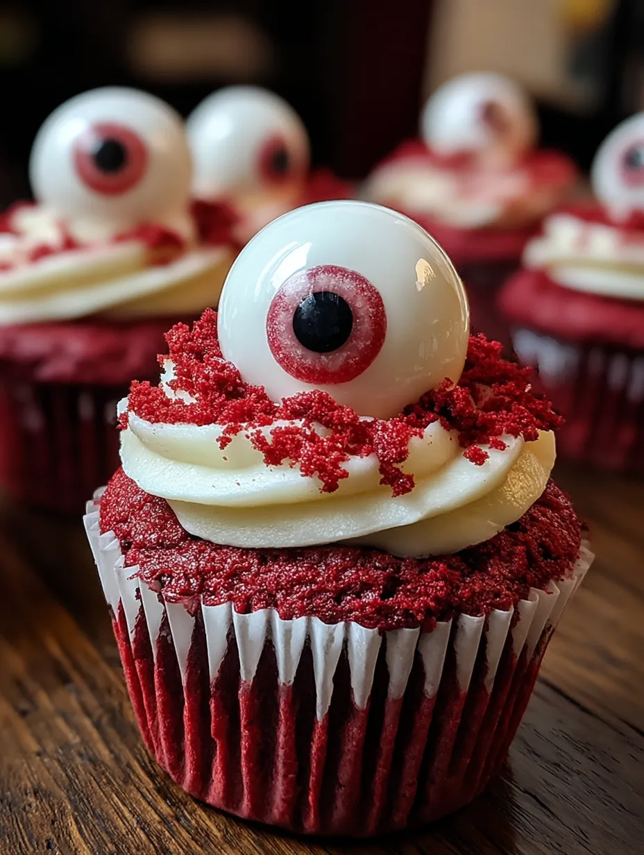 Red velvet cupcake with a white frosting eyeball on top.