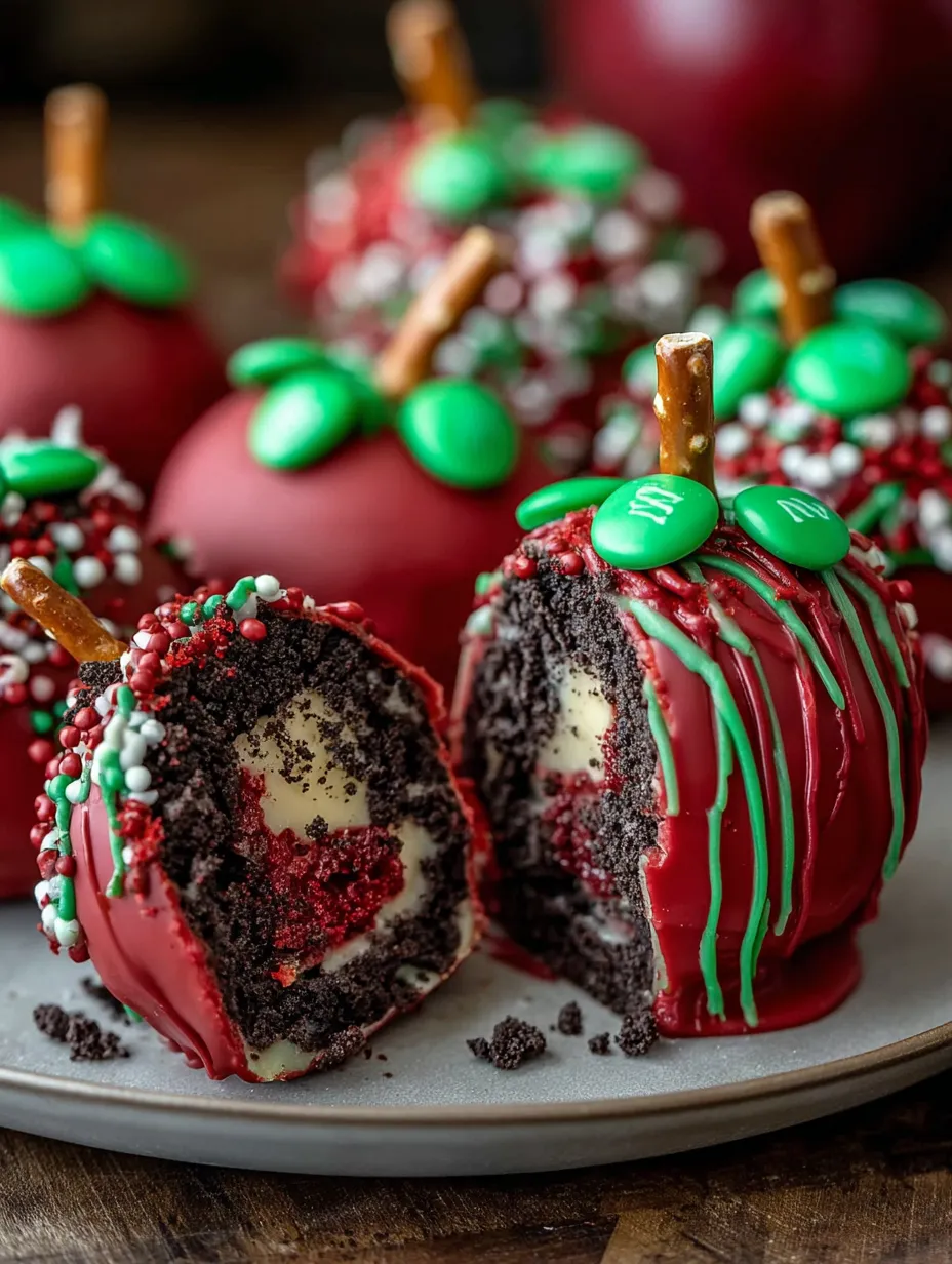 A plate of red and green apple oreo balls.