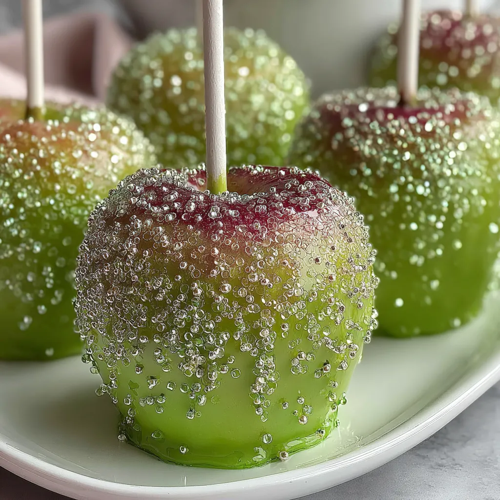 White sparkle candy apples on a plate.