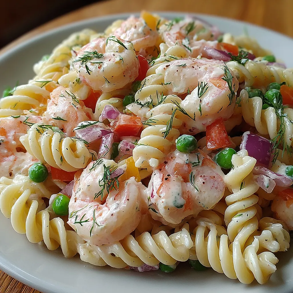A plate of shrimp pasta salad.