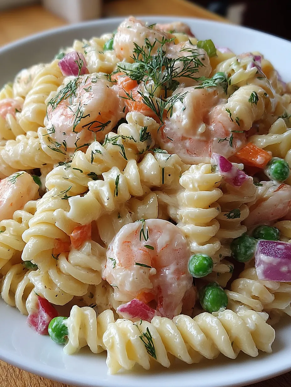 A dish of pasta with shrimp and peas.