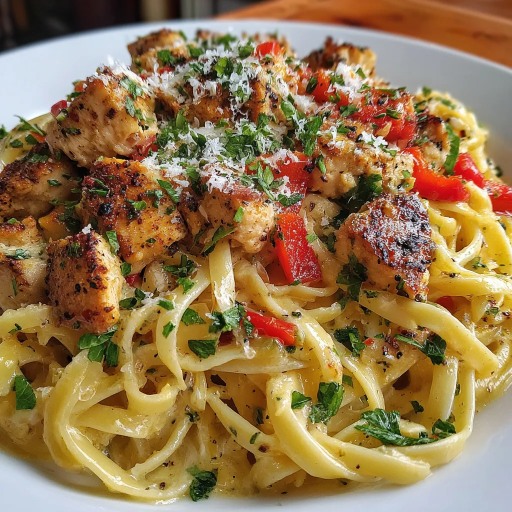 A plate of creamy cowboy chicken linguine.