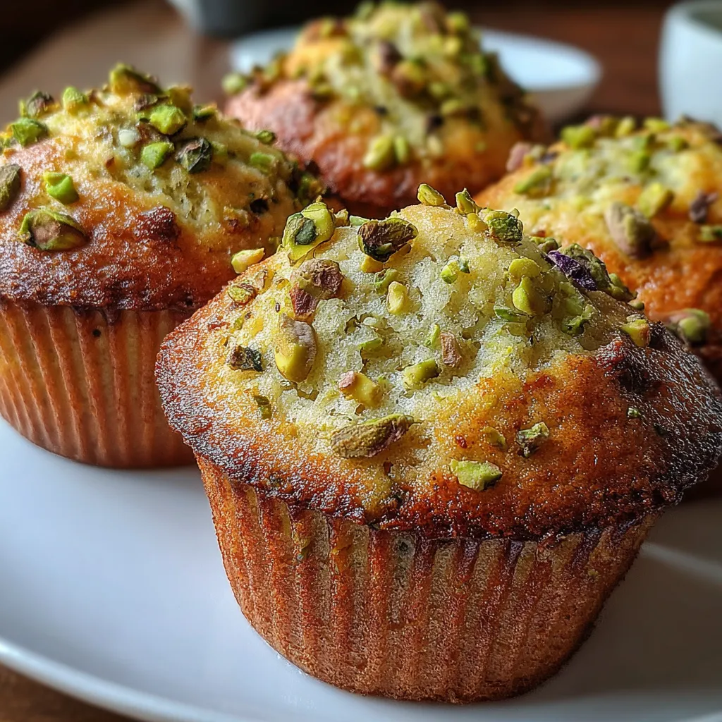Three muffins with pistachio toppings.