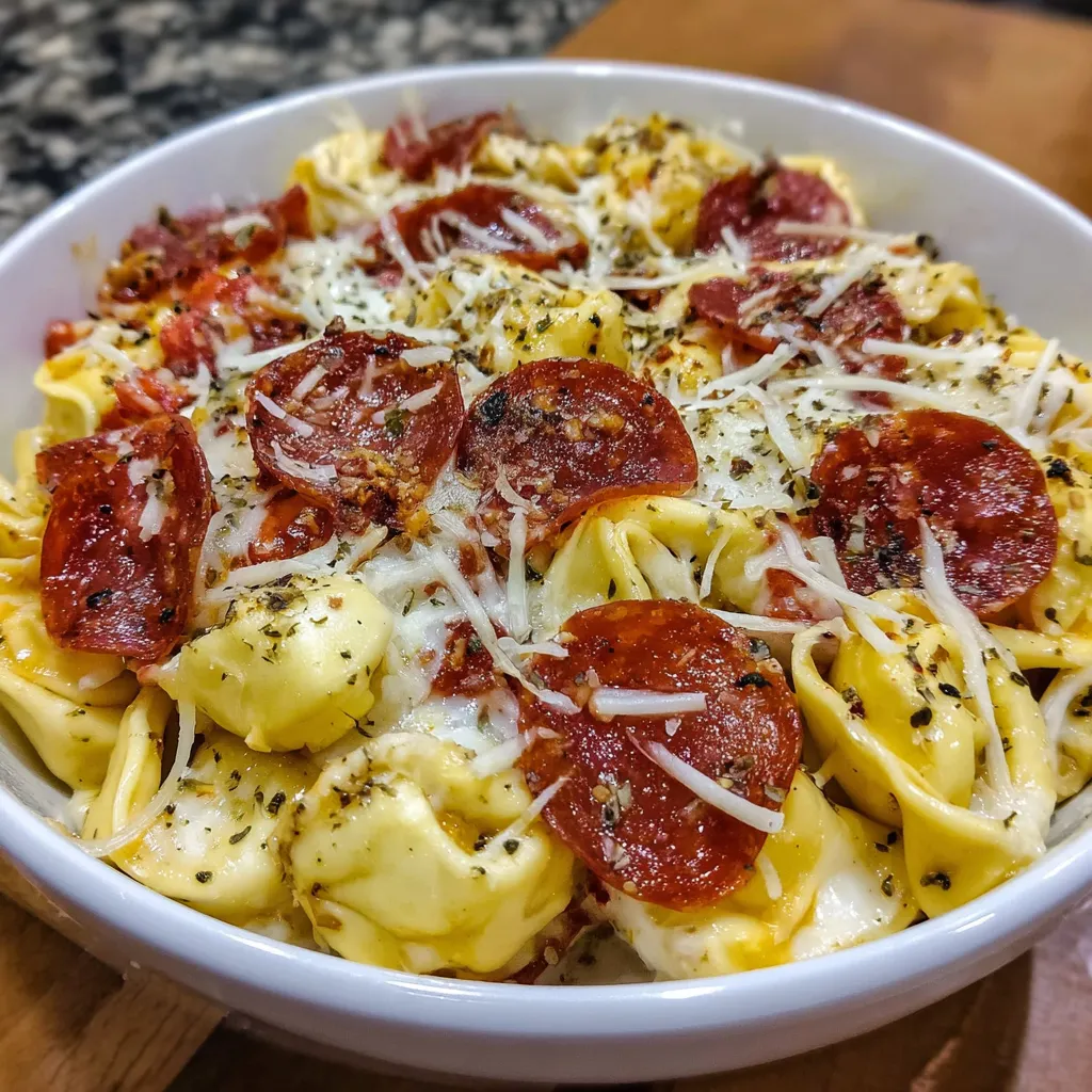 A bowl of pasta with pepperoni and cheese.