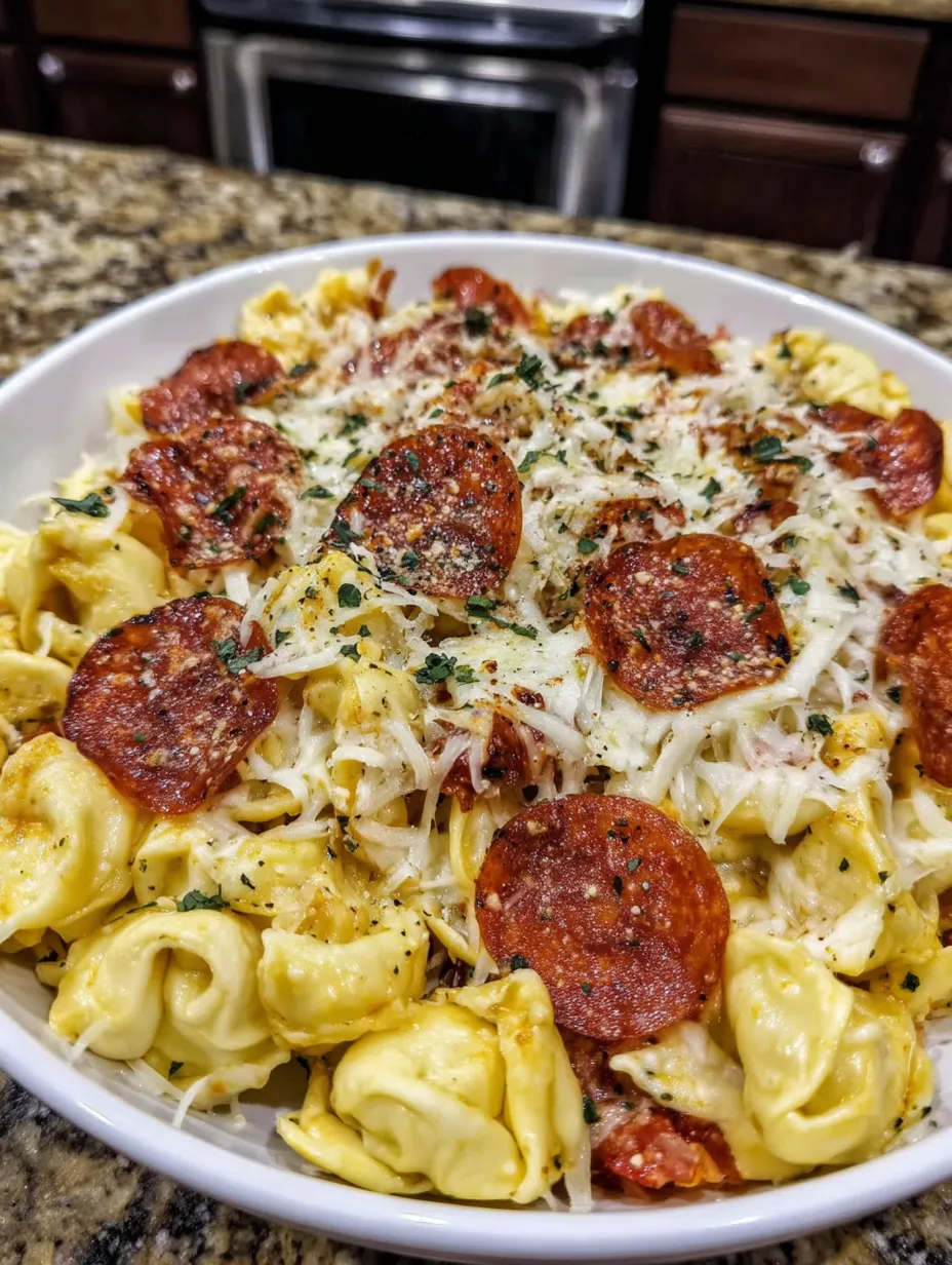 A bowl of pasta with pepperoni and cheese.