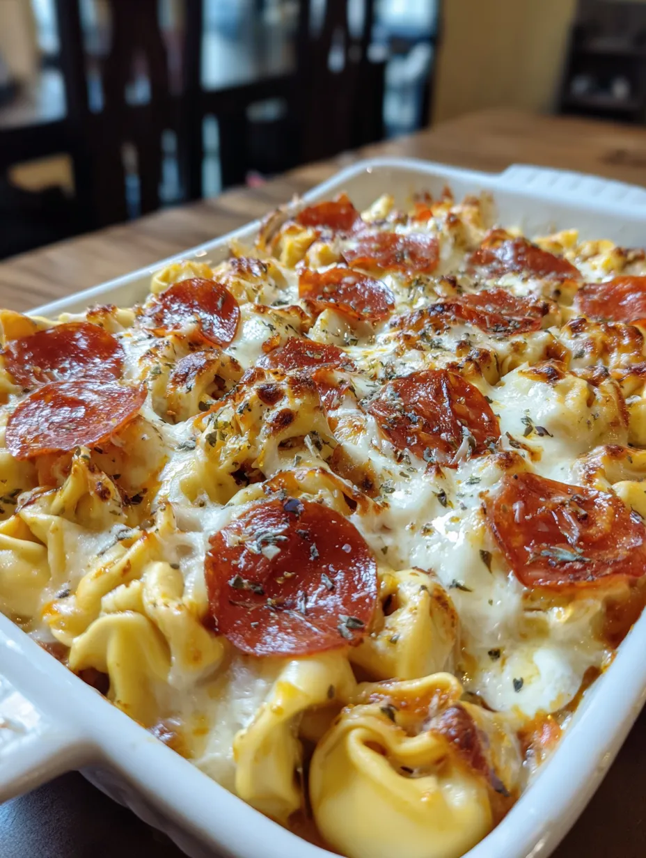 A delicious cheese tortellini pepperoni pizza casserole.