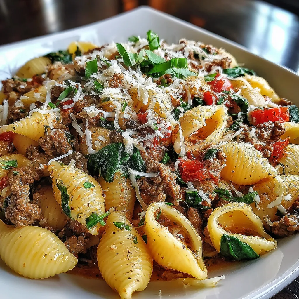 A plate of creamy beef and shells pasta.