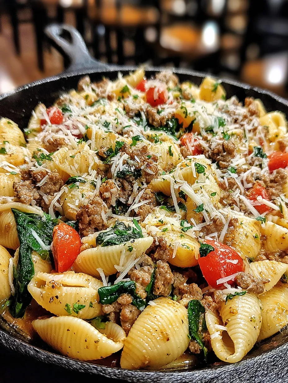 A creamy beef and shells pasta dish.