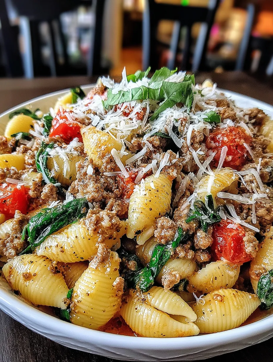 A bowl of creamy beef and shells pasta.