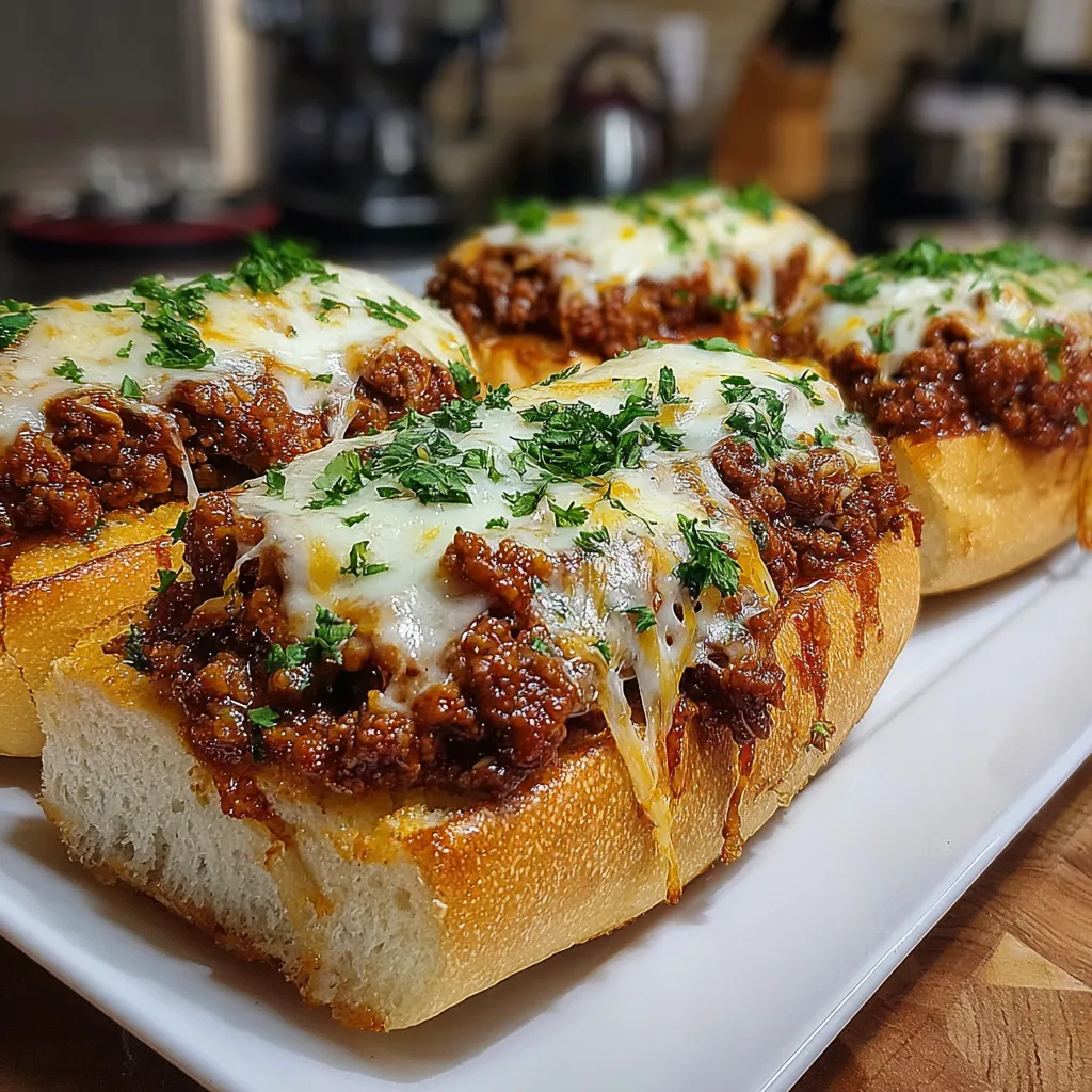 A plate of cheesy garlic bread sloppy joe.