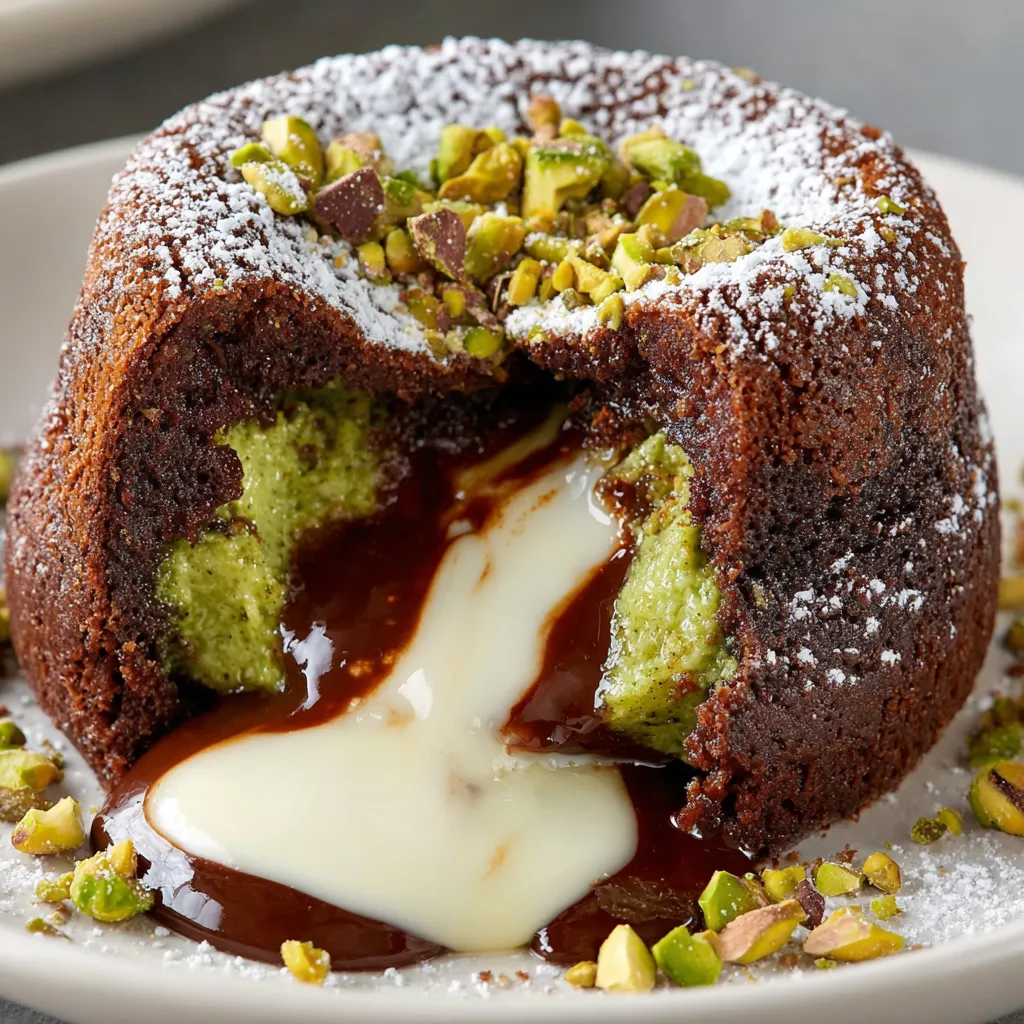 A slice of pistachio chocolate lava cake.
