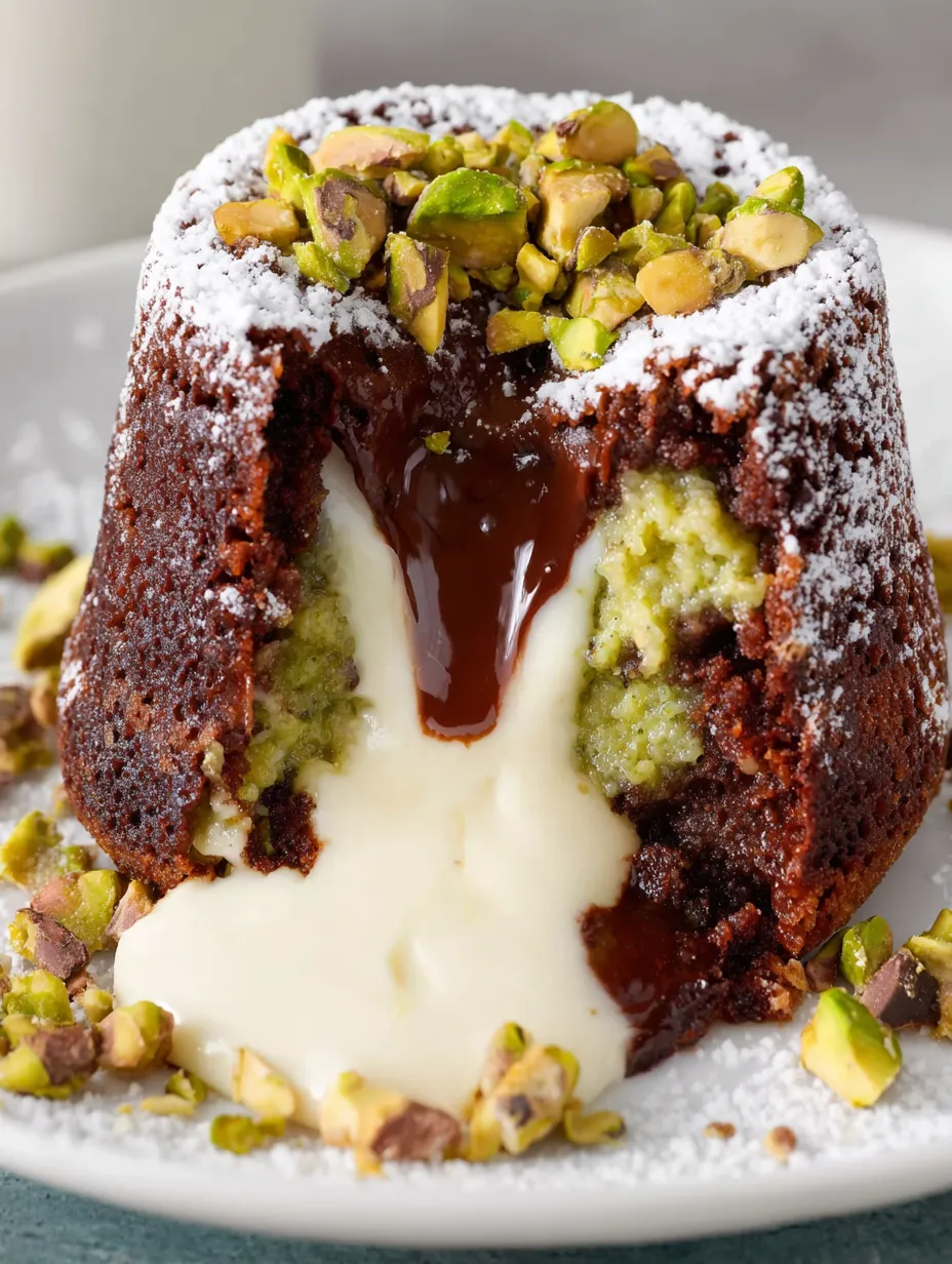 A slice of a pistachio chocolate lava cake.