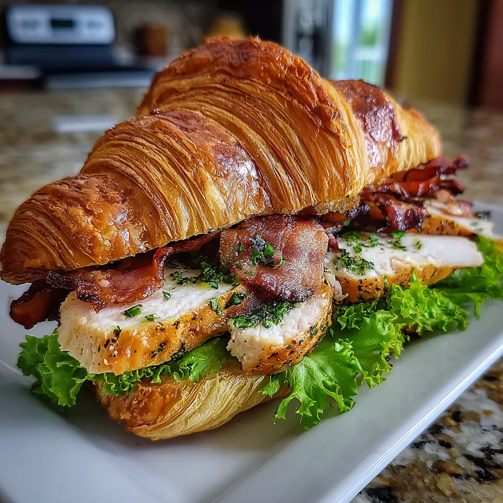 A croissant sandwich with bacon and chicken.