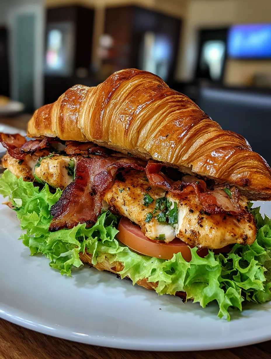 A delicious bacon chicken croissant sandwich.